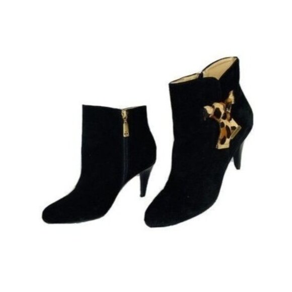 Talbots Leather High Cone Heel  Booties Leopard Calf Hair Bows  ize 10B Black - Picture 5 of 11
